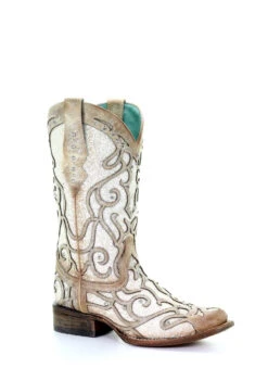 Corral Boots C3482 Corral Women's Bone White Glitter Inlay Western Square Toe Boot