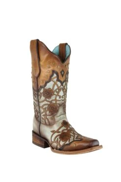 Corral Boots C3224 Corral Women's MINT / MAPLE FLOWERS OVERLAY & STUDS Square Toe Boot