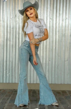 1LB18087-1-LT STRIPE L&B Apparel Women's HOLY STRIPES Stretchy Bell Bottom Flares Bells