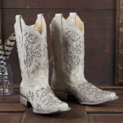 A3397 Corral Boots Women's White Sequin Inlay Bling Glitter Sq Toe Boot -Western Store a3397 p