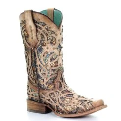 Corral Boots C3405 Corral Women's Bone And Multi-Color Inlay Stained Glass Square Toe Boot